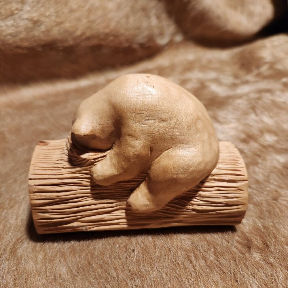 Hand-Carved Wooden Bear On Log Figurine Signed Rustic Whimsy Cottage Cabin